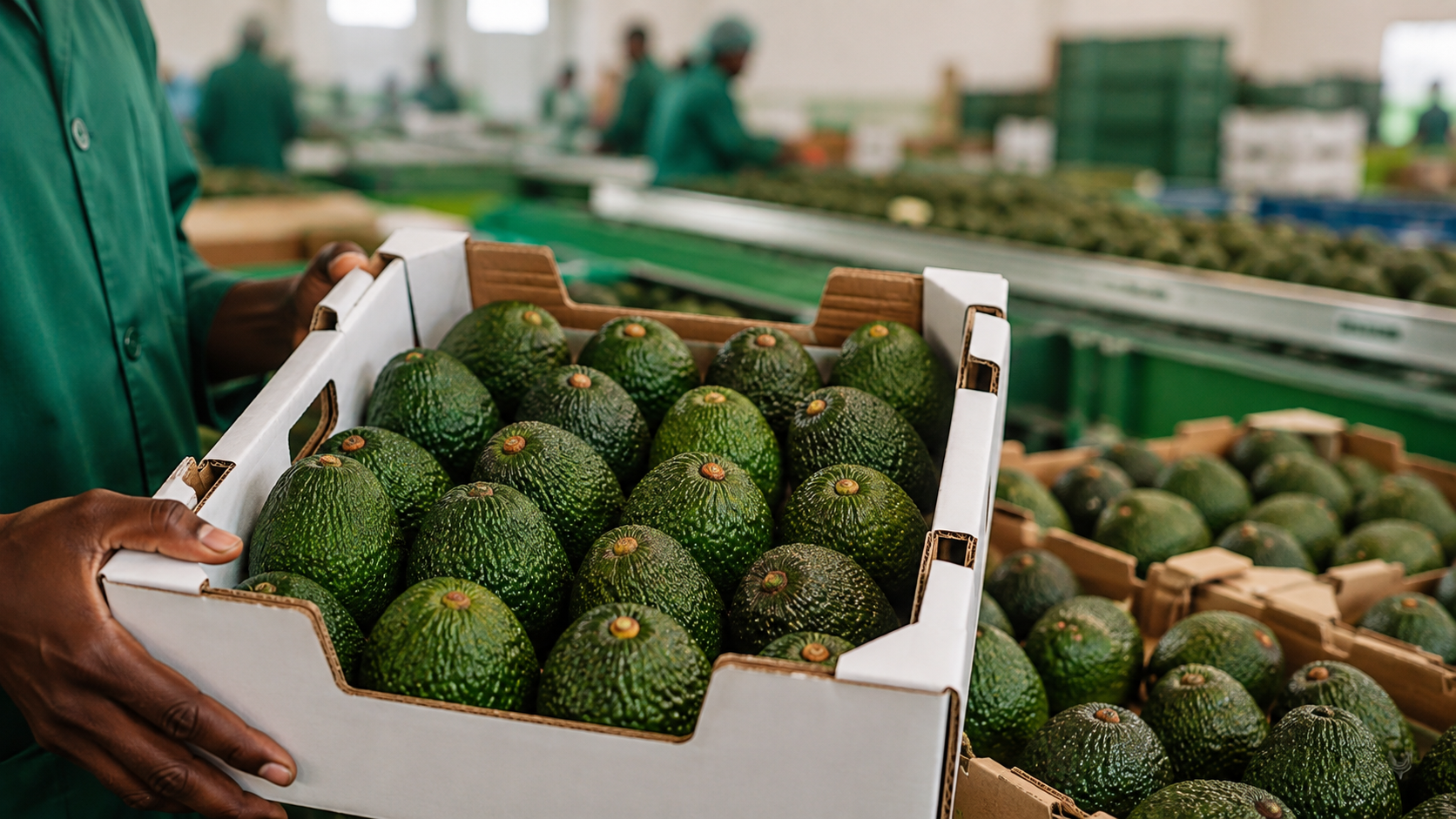 Avocados moving through a fresh produce packing facility